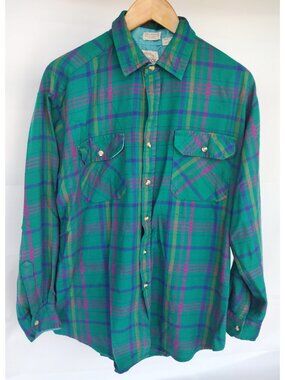 Saugatuck Drygoods Company LTD Vintage Plaid Shirt Green Pink Purple Size Large
